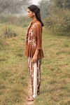 Buy_Kushani_Brown Linen, Silk Embroidery Mandarin Mocha Floral Tunic And Ivory Pant Set 
