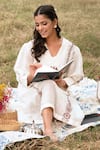 Buy_Kushani_Ivory Linen, Silk Embroidery, Beads, Tassels V-neck Midi Dress _Online_at_Aza_Fashions