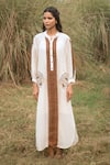 Kushani_Ivory Linen, Silk Beads, Tassels Button-down Neck Harmony Whispers Dress _at_Aza_Fashions