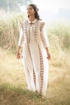 Buy_Kushani_Ivory Linen, Silk Beads, Tassels Open Neck Embroidered Dress _at_Aza_Fashions