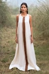 Buy_Kushani_Ivory Linen, Silk Beads, Tassels, Embroidery High High-neck Applique Maxi Dress _at_Aza_Fashions
