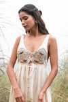 Kushani_Ivory Linen, Silk Beads Round Neck Beige Aplique Hand Embroidered Maxi Dress _Online_at_Aza_Fashions