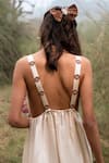Shop_Kushani_Ivory Linen, Silk Beads Round Neck Beige Aplique Hand Embroidered Maxi Dress _at_Aza_Fashions