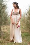 Buy_Kushani_Ivory Linen, Silk Beads Round Neck Beige Aplique Hand Embroidered Maxi Dress _at_Aza_Fashions