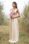 Kushani_Ivory Linen, Silk Beads Round Neck Beige Aplique Hand Embroidered Maxi Dress _at_Aza_Fashions