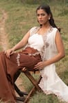 Buy_Kushani_Ivory Linen, Silk, Satin Beads, Embroidery Round Cape And Mocha Brown Trouser Set _Online_at_Aza_Fashions