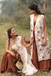 Buy_Kushani_Ivory Linen, Silk, Satin Embroidery, Beads Open Neck, Floral Applique Jacket Set _Online_at_Aza_Fashions