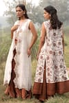 Shop_Kushani_Ivory Linen, Silk, Satin Embroidery, Beads Open Neck, Floral Applique Jacket Set _at_Aza_Fashions