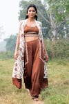 Shop_Kushani_Ivory Linen, Silk, Satin Embroidery, Beads Open Neck, Floral Applique Jacket Set _Online_at_Aza_Fashions