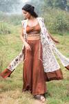 Kushani_Ivory Linen, Silk, Satin Embroidery, Beads Open Neck, Floral Applique Jacket Set _at_Aza_Fashions