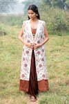 Buy_Kushani_Ivory Linen, Silk, Satin Embroidery, Beads Open Neck, Floral Applique Jacket Set _at_Aza_Fashions