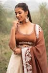 Kushani_Brown Satin, Linen, Chanderi Beads, Embroidery, Applique Floral Lehenga Set _Online_at_Aza_Fashions