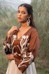 Kushani_Ivory Satin, Cotton, Linen Lace, Beads V-neck Tiered Hem Dress With Brown Bodice _Online_at_Aza_Fashions