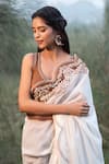 Kushani_Ivory Muslin Beads, Embroidery V-neck Mocha Brown Floral Saree With Blouse _Online_at_Aza_Fashions