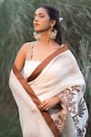Kushani_Ivory Linen, Silk Lace, Beads, Embroidery Round Neck Floral Saree And Blouse Set _Online_at_Aza_Fashions