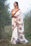 Buy_Kushani_Ivory Linen, Silk Lace, Beads, Embroidery Round Neck Floral Saree And Blouse Set _at_Aza_Fashions