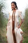 Kushani_Ivory Linen, Silk Beads Round Neck Floral Embroidered Dress _Online_at_Aza_Fashions