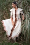 Shop_Kushani_Ivory Linen, Silk Beads Round Neck Floral Embroidered Dress _Online_at_Aza_Fashions
