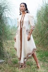 Shop_Kushani_Ivory Linen, Silk Beads Round Neck Floral Embroidered Dress _at_Aza_Fashions