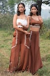 Kushani_Brown Linen, Satin Embroidery Round Neck Mocha Floral Set _Online_at_Aza_Fashions
