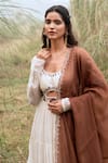 Kushani_Ivory Chanderi Applique Round Neck Tiered Anarkali With Brown Dupatta _Online_at_Aza_Fashions