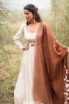 Buy_Kushani_Ivory Chanderi Applique Round Neck Tiered Anarkali With Brown Dupatta _Online_at_Aza_Fashions