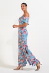 Nautanky_Sky Blue Crepe Off-shoulder Floral Print Corset And Pant Set _Online_at_Aza_Fashions