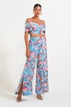 Shop_Nautanky_Sky Blue Crepe Off-shoulder Floral Print Corset And Pant Set _Online_at_Aza_Fashions