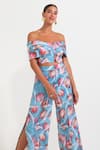 Nautanky_Sky Blue Crepe Off-shoulder Floral Print Corset And Pant Set _at_Aza_Fashions
