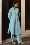 Nuhh_Sky Blue Handloom Cotton Collared Handwoven Kurta And Salwar Set _at_Aza_Fashions