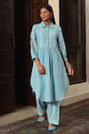 Buy_Nuhh_Sky Blue Handloom Cotton Collared Handwoven Kurta And Salwar Set _at_Aza_Fashions
