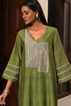 Shop_Nuhh_Olive Green Handloom Cotton Beads V-neck Handwoven Kurta And Pant _Online_at_Aza_Fashions