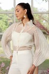 Parul And Preyanka_Ivory Silk Organza, Crepe Pearls Collared Cording Detail Shirt And Pant Set _Online_at_Aza_Fashions