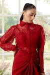 Parul And Preyanka_Red Organza, Chanderi Applique Collared Designer And Co-ord Set _Online_at_Aza_Fashions