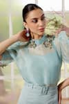 Parul And Preyanka_Blue Silk Organza, Crepe Embroidery High Neck Daphne Co-ord 3d Floral Set _Online_at_Aza_Fashions