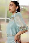 Buy_Parul And Preyanka_Blue Silk Organza, Crepe Embroidery High Neck Daphne Co-ord 3d Floral Set _Online_at_Aza_Fashions