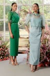 Shop_Parul And Preyanka_Blue Silk Organza, Crepe Embroidery High Neck Daphne Co-ord 3d Floral Set _Online_at_Aza_Fashions