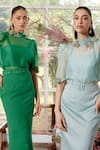 Parul And Preyanka_Blue Silk Organza, Crepe Embroidery High Neck Daphne Co-ord 3d Floral Set _at_Aza_Fashions