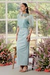 Shop_Parul And Preyanka_Blue Silk Organza, Crepe Embroidery High Neck Daphne Co-ord 3d Floral Set _at_Aza_Fashions