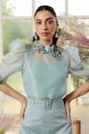Shop_Parul And Preyanka_Blue Silk Organza, Crepe Embroidery High Neck Daphne Co-ord 3d Floral Set 
