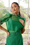 Buy_Parul And Preyanka_Green Silk Organza, Crepe Embroidery High Neck 3d Flower Embellished Co-ord Set _Online_at_Aza_Fashions