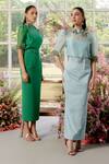 Shop_Parul And Preyanka_Green Silk Organza, Crepe Embroidery High Neck 3d Flower Embellished Co-ord Set _Online_at_Aza_Fashions