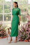 Shop_Parul And Preyanka_Green Silk Organza, Crepe Embroidery High Neck 3d Flower Embellished Co-ord Set _at_Aza_Fashions