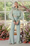 Shop_Parul And Preyanka_Blue Silk Organza, Crepe Crystals, Embroidery Collared Designer Co-ord Set _at_Aza_Fashions