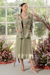 Shop_Parul And Preyanka_Green Lace, Tulle, Crepe Fabric Flowers, 3d Organza Rose Blazer And Skirt Set _at_Aza_Fashions