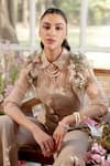 Shop_Parul And Preyanka_Beige Silk Organza, Crepe Applique Collared Floral Shirt And Pant Set _Online_at_Aza_Fashions