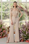 Buy_Parul And Preyanka_Beige Silk Organza, Crepe Applique Collared Floral Shirt And Pant Set _at_Aza_Fashions