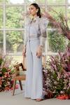 Shop_Parul And Preyanka_Blue Silk Organza, Crepe Fabric Flowers, Beads Ice Designer Shirt And Pant Set _at_Aza_Fashions