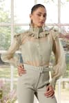 Parul And Preyanka_Green Silk Organza, Crepe Lace, Pearls, Crystals Designer Applique Co-ord Set _Online_at_Aza_Fashions