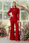 Shop_Parul And Preyanka_Red Silk Organza, Crepe Fringe High Neck Frill Detail Co-ord Set _Online_at_Aza_Fashions